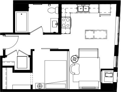 Floor plan for studio, 1 bath, 536 sqft