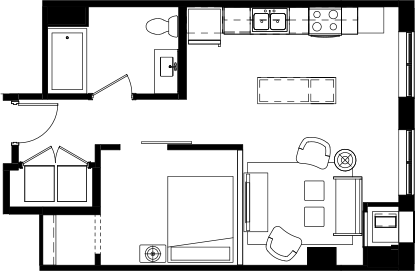 Floor plan for studio, 1 bath, 669 sqft