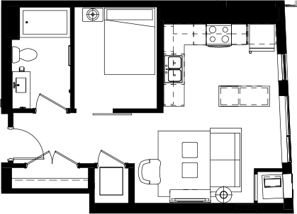Floor plan for studio, 1 bath, 563 sqft