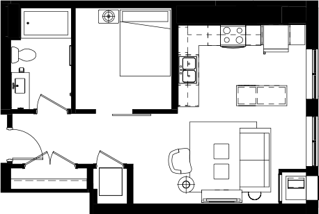 Floor plan for studio, 1 bath, 626 sqft