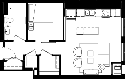 Floor plan for studio, 1 bath, 671 sqft