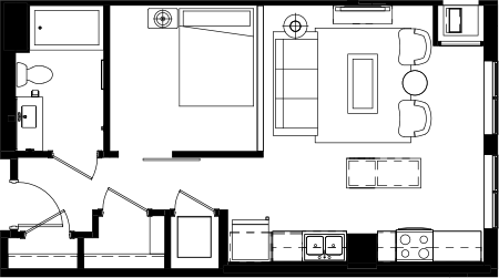 Floor plan for studio, 1 bath, 630 sqft