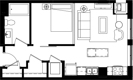 Floor plan for studio, 1 bath, 589 sqft