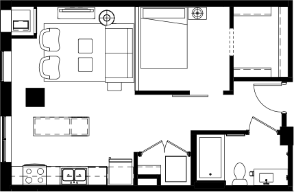 Floor plan for studio, 1 bath, 634 sqft