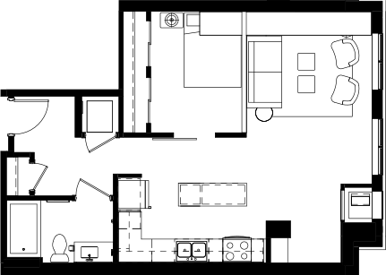 Floor plan for studio, 1 bath, 689 sqft