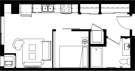 Floor plan for studio, 1 bath, 496 sqft
