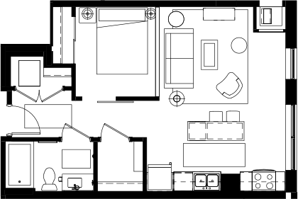 Floor plan for studio, 1 bath, 622 sqft