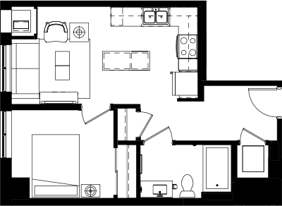 Floor plan for 1 bed, 1 bath, 758 sqft