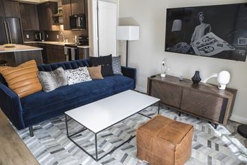 Minneapolis apartment for rent - A living room with a blue couch and a white coffee table.