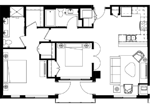 Floor plan for 2 beds, 2 baths, 1084 sqft