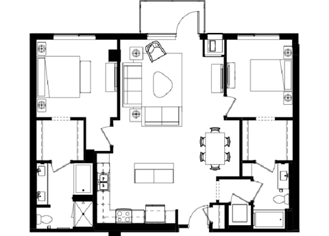 Floor plan for 2 beds, 2 baths, 1285 sqft