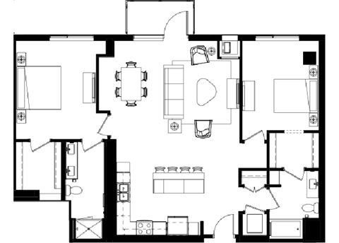 Floor plan for 2 beds, 2 baths, 1292 sqft