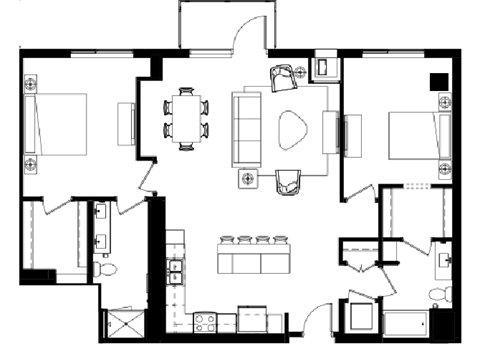 Floor plan for 2 beds, 2 baths, 1387 sqft