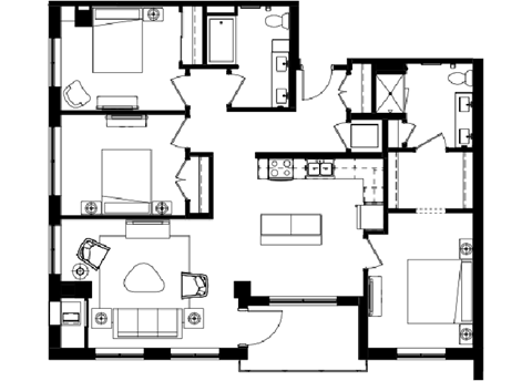 Floor plan for 3 beds, 2 baths, 1413 sqft