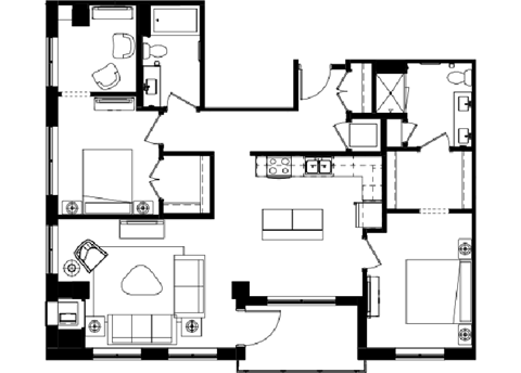 Floor plan for 2 beds, 2 baths, 1057 sqft