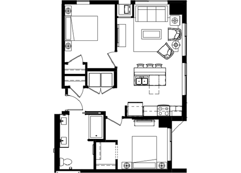 Floor plan for 2 beds, 1 bath, 859 sqft