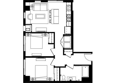 Floor plan for 2 beds, 2 baths, 843 sqft