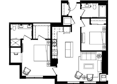 Floor plan for 2 beds, 2 baths, 1080 sqft