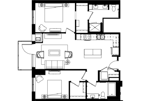 Floor plan for 2 beds, 2 baths, 1075 sqft