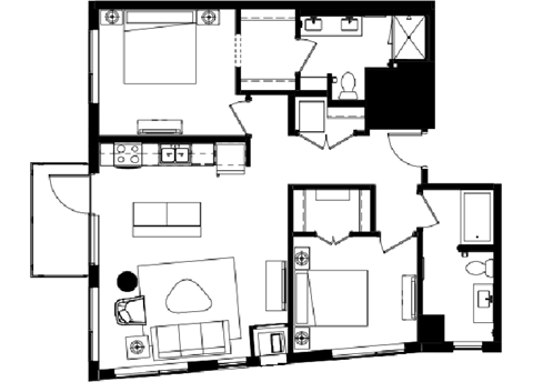 Floor plan for 2 beds, 2 baths, 1080 sqft