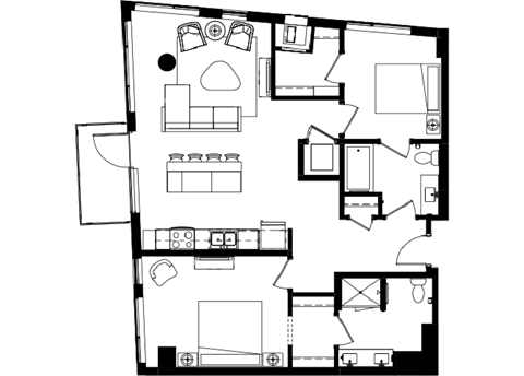 Floor plan for 2 beds, 2 baths, 1065 sqft