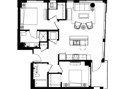 Floor plan for 2 beds, 2 baths, 1055 sqft