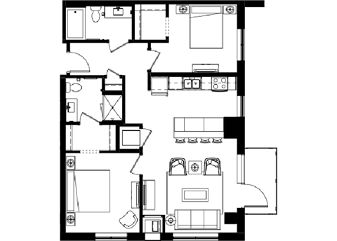 Floor plan for 2 beds, 2 baths, 1026 sqft