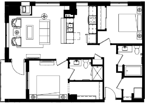 Floor plan for 2 beds, 2 baths, 1045 sqft