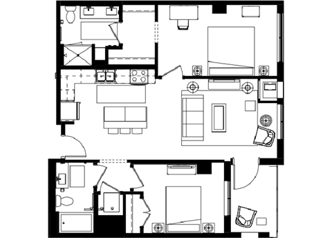 Floor plan for 2 beds, 2 baths, 1011 sqft