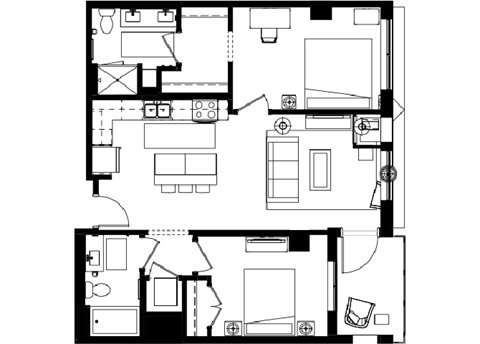 Floor plan for 2 beds, 2 baths, 959 sqft