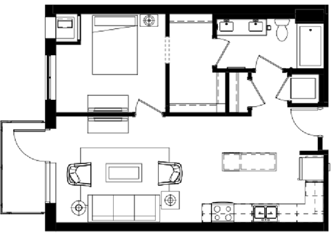Floor plan for 1 bed, 1 bath, 758 sqft