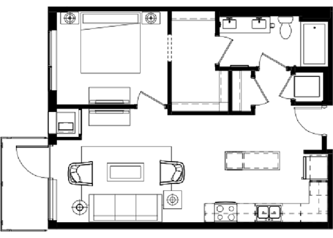 Floor plan for 1 bed, 1 bath, 748 sqft