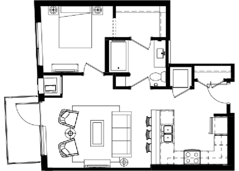 Floor plan for 1 bed, 1 bath, 682 sqft