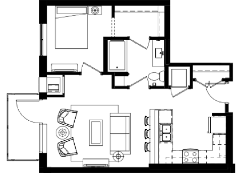 Floor plan for 1 bed, 1 bath, 674 sqft
