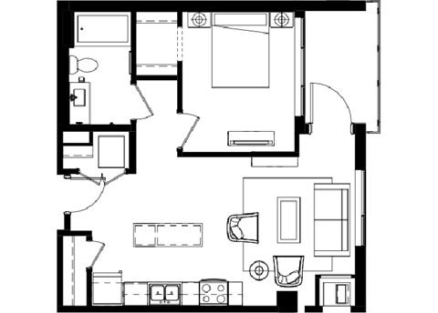 Floor plan for 1 bed, 1 bath, 656 sqft