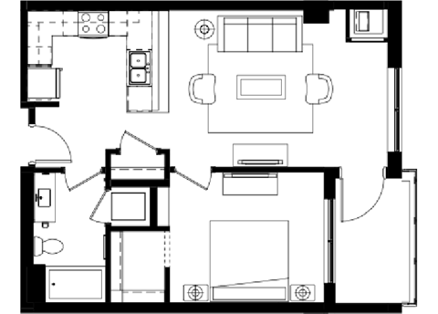 Floor plan for 1 bed, 1 bath, 731 sqft
