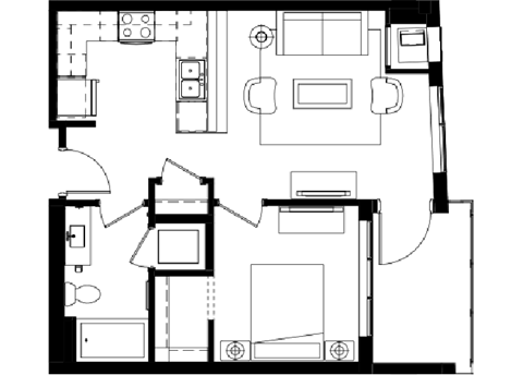 Floor plan for 1 bed, 1 bath, 627 sqft