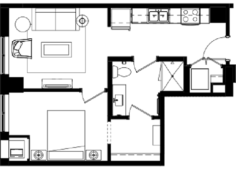 Floor plan for 1 bed, 1 bath, 567 sqft