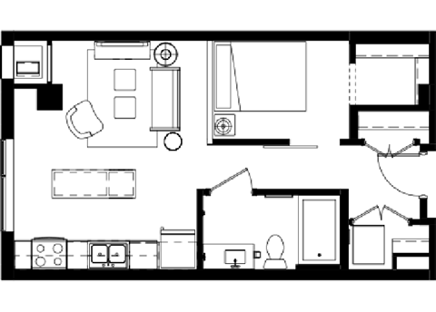 Floor plan for studio, 1 bath, 543 sqft