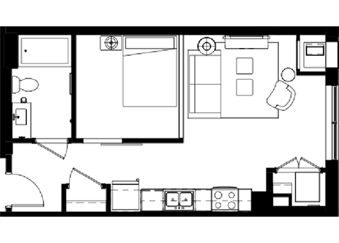 Floor plan for studio, 1 bath, 551 sqft