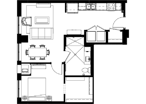 Floor plan for 1 bed, 1 bath, 727 sqft