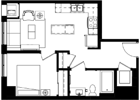 Floor plan for 1 bed, 1 bath, 547 sqft