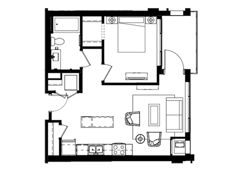 Floor plan for 1 bed, 1 bath, 656 sqft