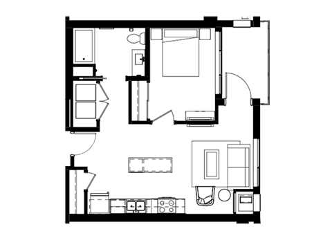 Floor plan for 1 bed, 1 bath, 657 sqft