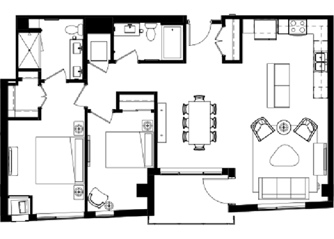 Floor plan for 2 beds, 2 baths, 1187 sqft