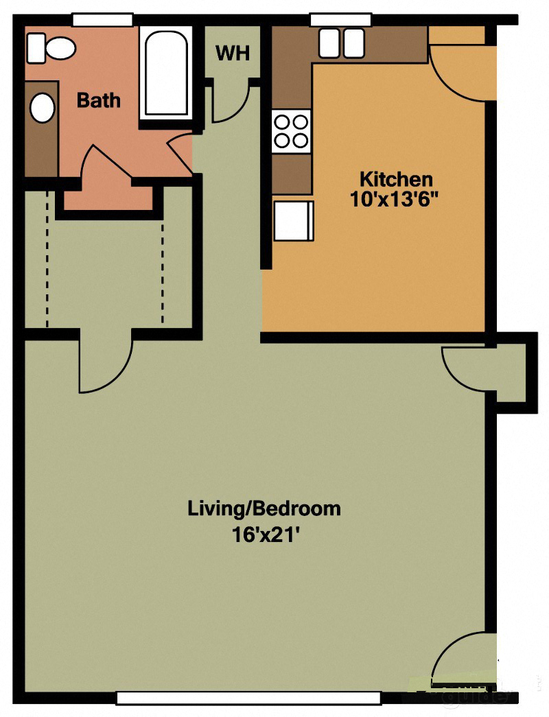 Floor plan for studio, 1 bath, 400 sqft