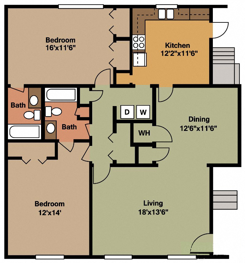 Floor plan for 2 beds, 2 baths, 1402 sqft