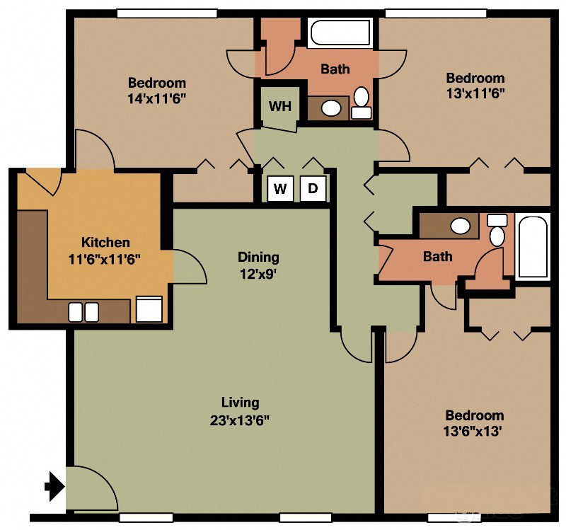 Floor plan for 3 beds, 2 baths, 1638 sqft