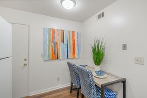 Huntsville triplex for rent - A dining room with a table set for two and a painting on the wall.