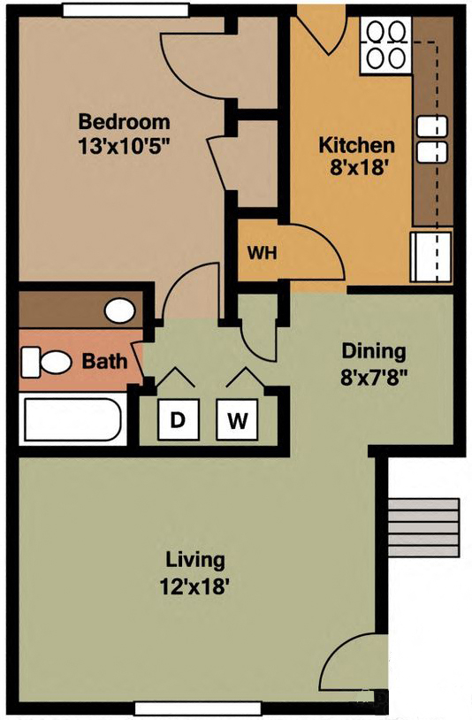 Floor plan for 1 bed, 1 bath, 738 sqft